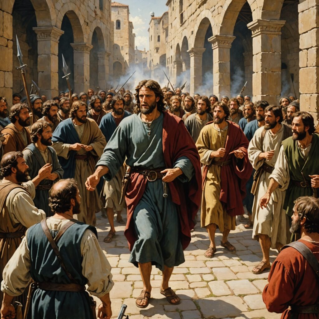 Pedro e João perante o conselho judaico: Coragem e Oposição - Imagem representativa da coragem e fé dos discípulos de Jesus diante da oposição das autoridades religiosas.