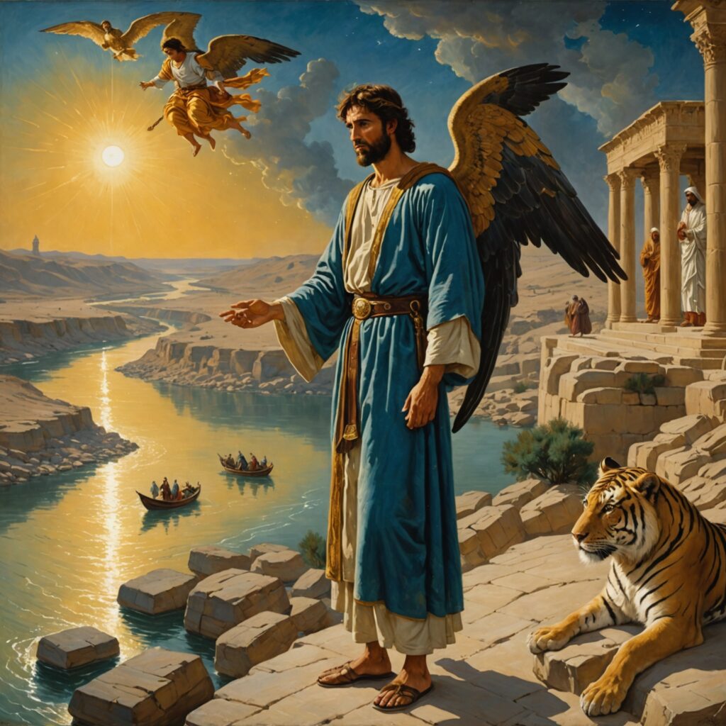Daniel à beira do rio Tigre recebendo a visita de um ser celestial vestido de linho com cinto de ouro.