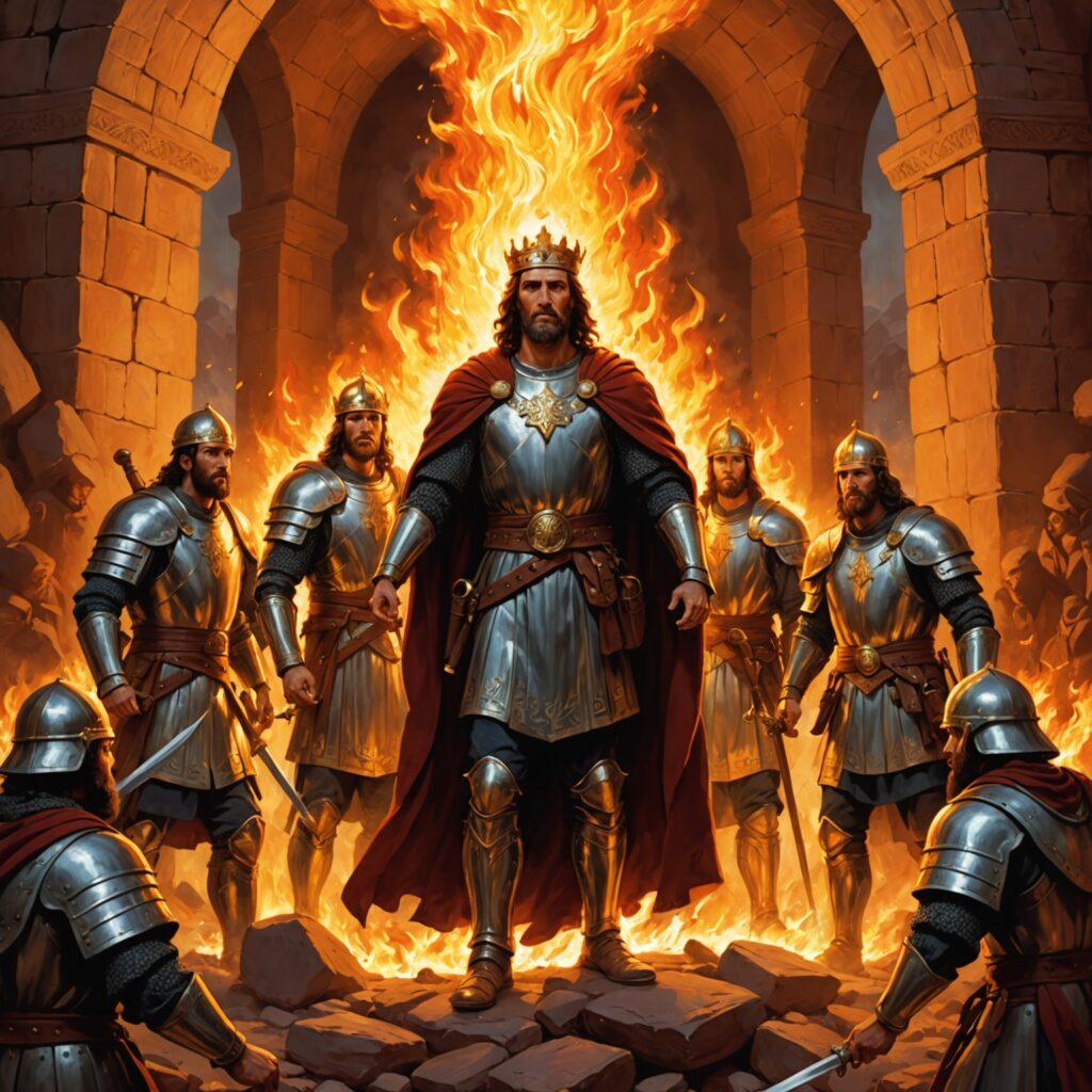 Ilustração dos três homens na fornalha em chamas sendo protegidos por um ser celestial