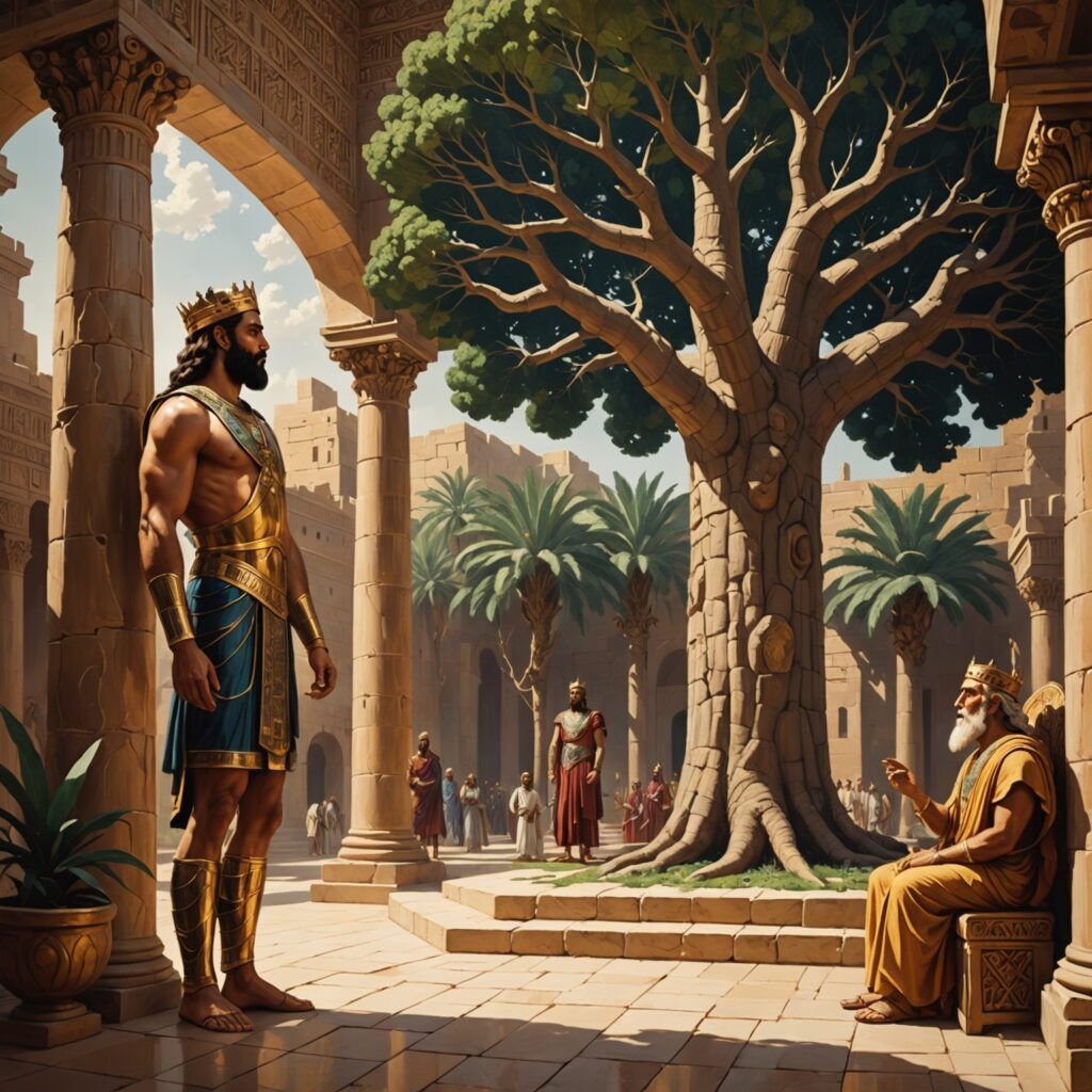 Rei Nabucodonosor tendo o sonho da árvore gigante e Daniel interpretando