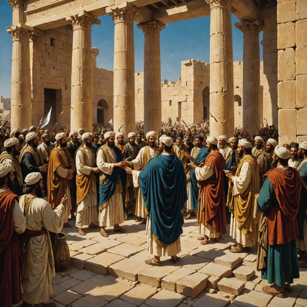 Ciro ajuda os exilados a voltarem para reconstruir o templo do Senhor em Jerusalém - Imagem representativa da proclamação de Ciro e retorno dos exilados para reconstruir o templo.