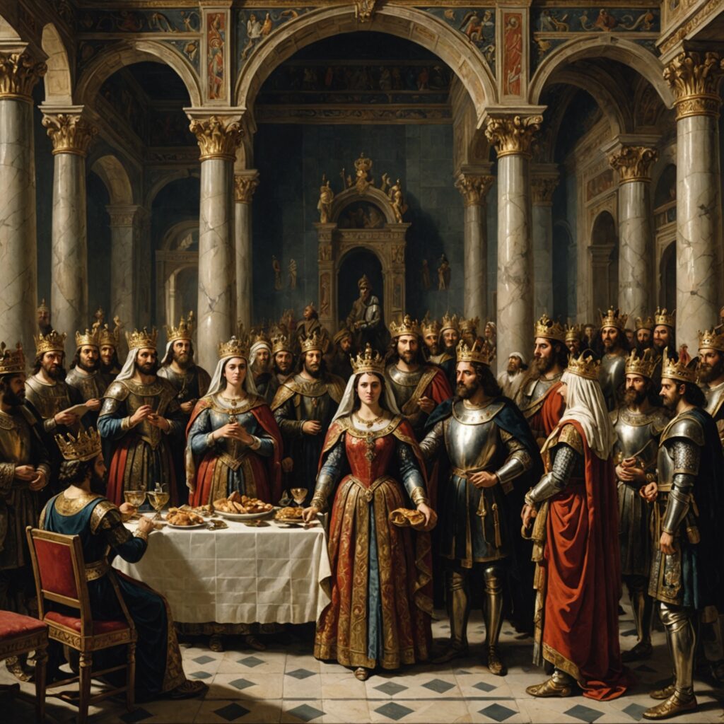 Imagem representativa do capítulo de Ester 1, mostrando o banquete real e a figura da rainha Vasti diante do rei Xerxes e seus nobres.