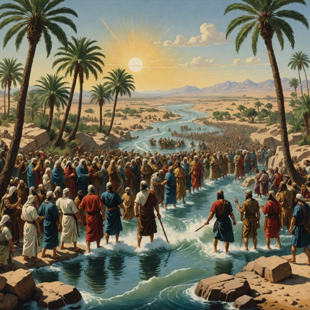 Moisés e os israelitas atravessando o mar Vermelho, águas se abrindo milagrosamente.