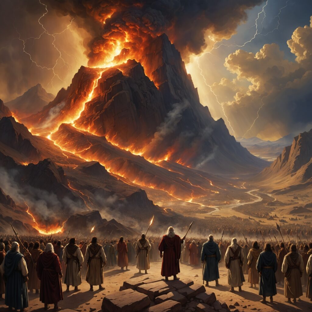 Deus descendo sobre o Monte Sinai em chamas de fogo, cena de reverência e temor