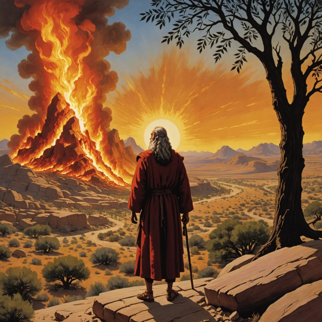 Ilustração de Moisés diante da sarça ardente no monte Horebe, ouvindo a voz de Deus.