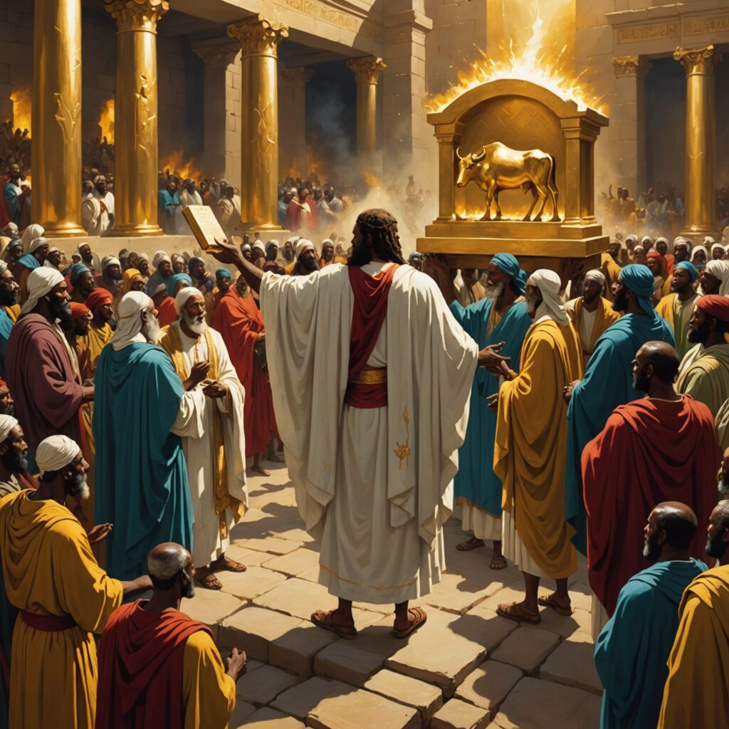 Multidão adorando o bezerro de ouro