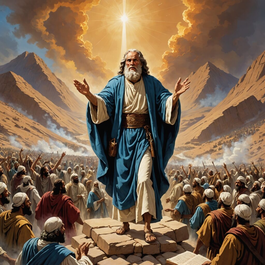 Moisés descendo do monte Sinai com as tábuas da aliança e rosto resplandecente.