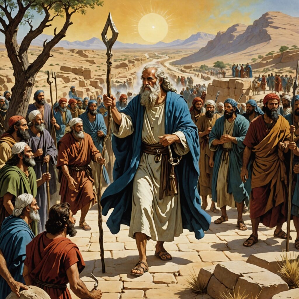 Moisés realizando o milagre da vara e da lepra, acompanhado por Arão e diante do povo de Israel em adoração