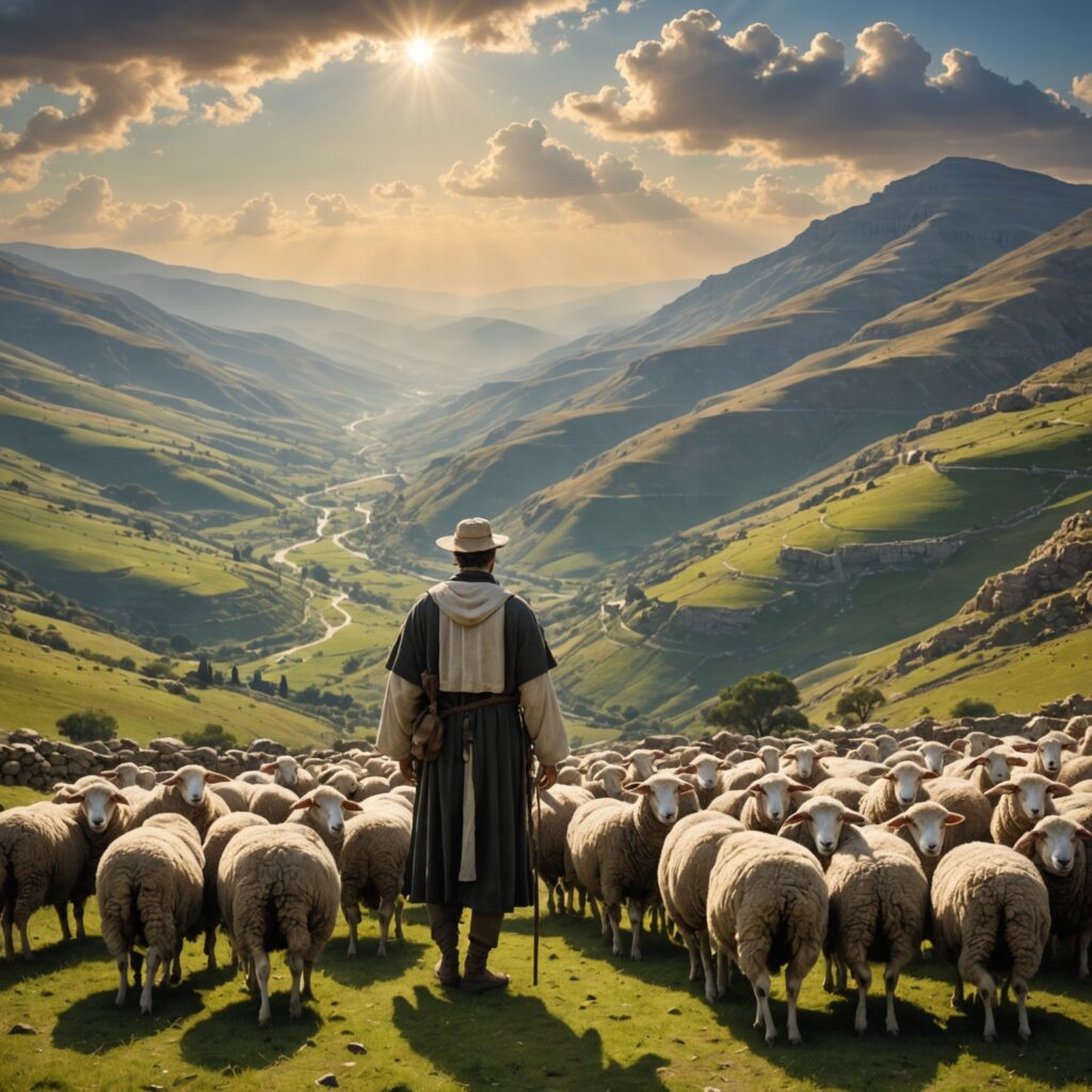 Pastor cuidando de ovelhas nos montes de Israel