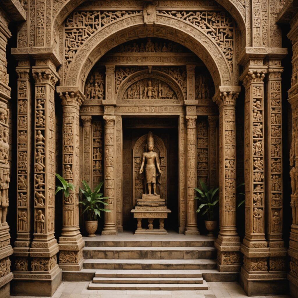 Imagem do Templo Sagrado com querubins e tamareiras em relevo