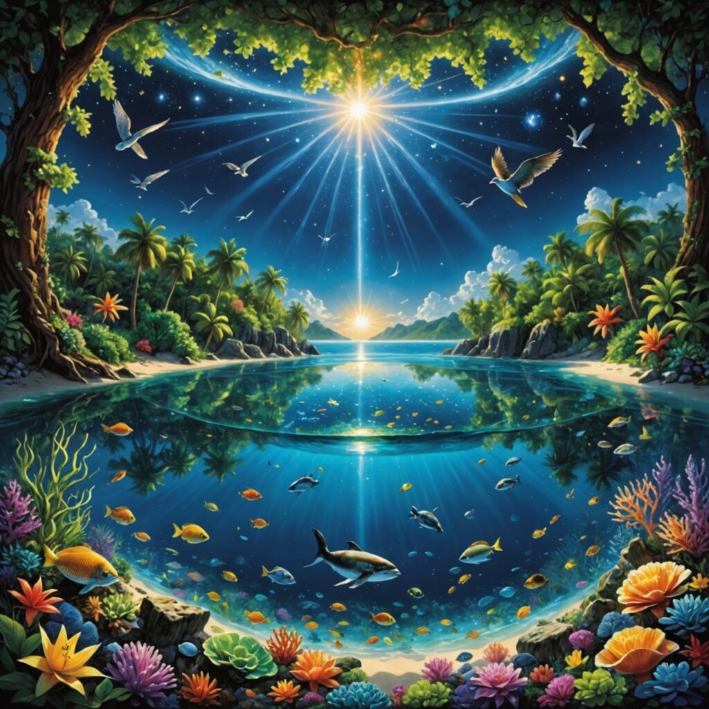 Criação do mundo conforme descrito no livro de Gênesis, com destaque para a formação dos céus, da terra, dos mares e da vida em toda sua diversidade.
