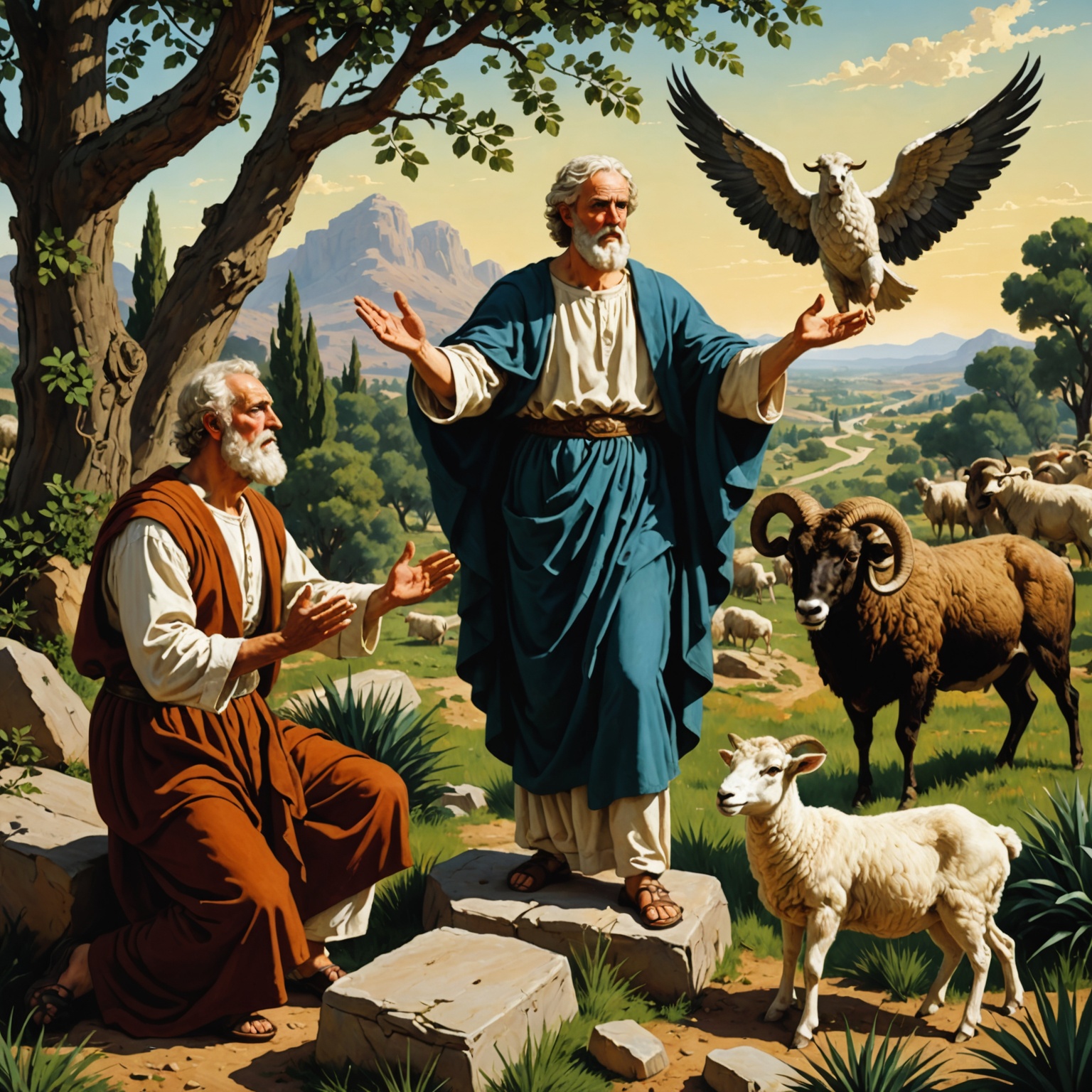 Abraão prestes a sacrificar Isaque no altar, com um anjo do Senhor o impedindo e um carneiro preso pelos chifres em um arbusto ao fundo