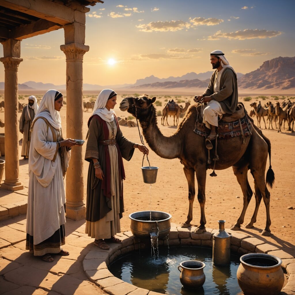 Isaque e Rebeca no encontro junto ao poço