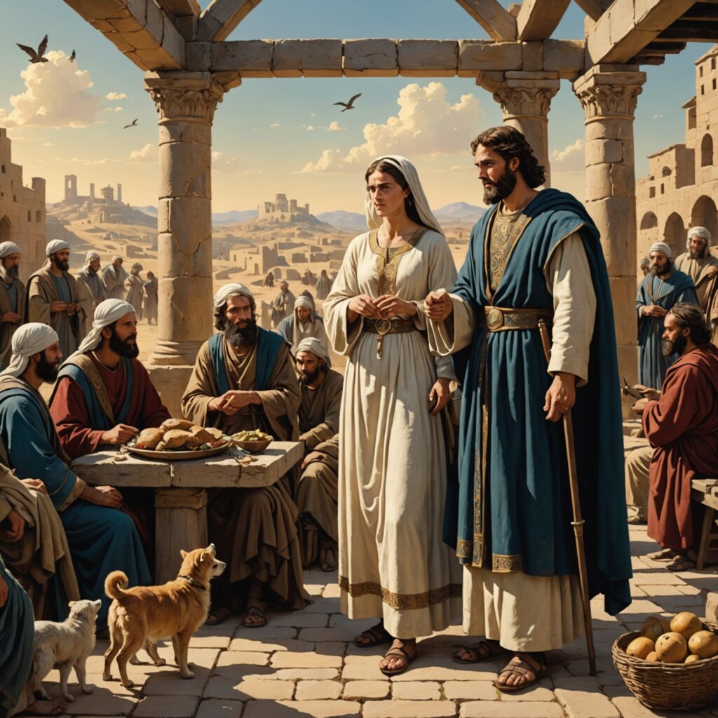 Isaque e Abimeleque: cena bíblica com personagens e elementos do capítulo