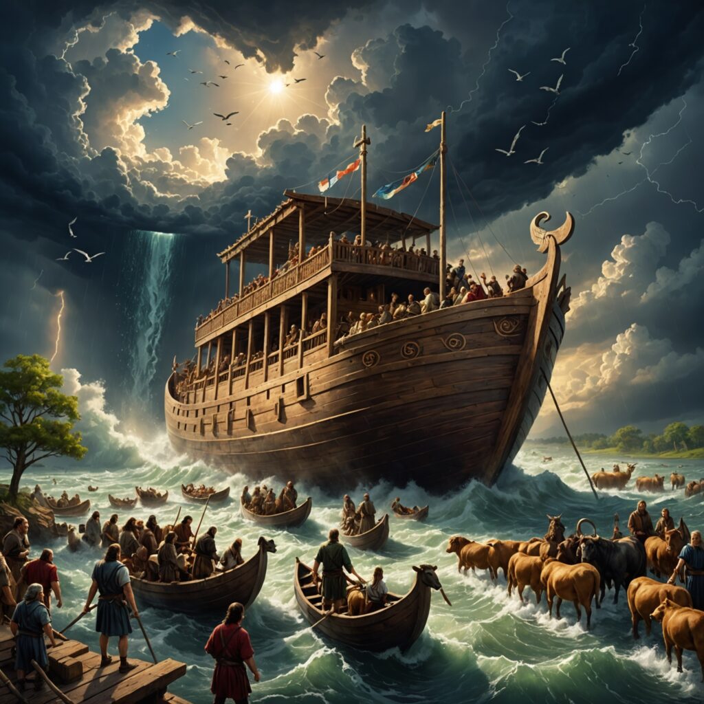 Noé construindo a arca sob a supervisão divina