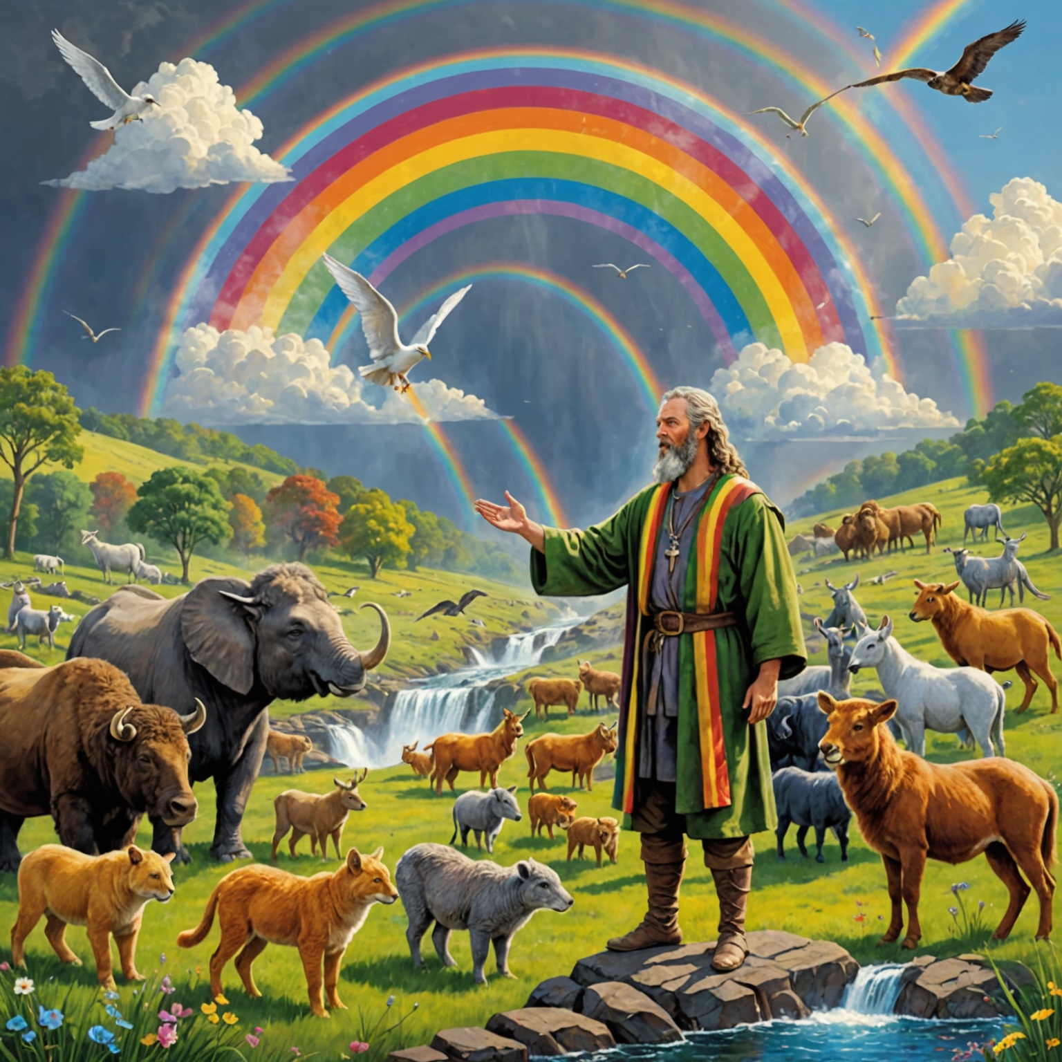 Noé recebendo a promessa divina do arco-íris cercado por animais diversos em gesto de proteção e união