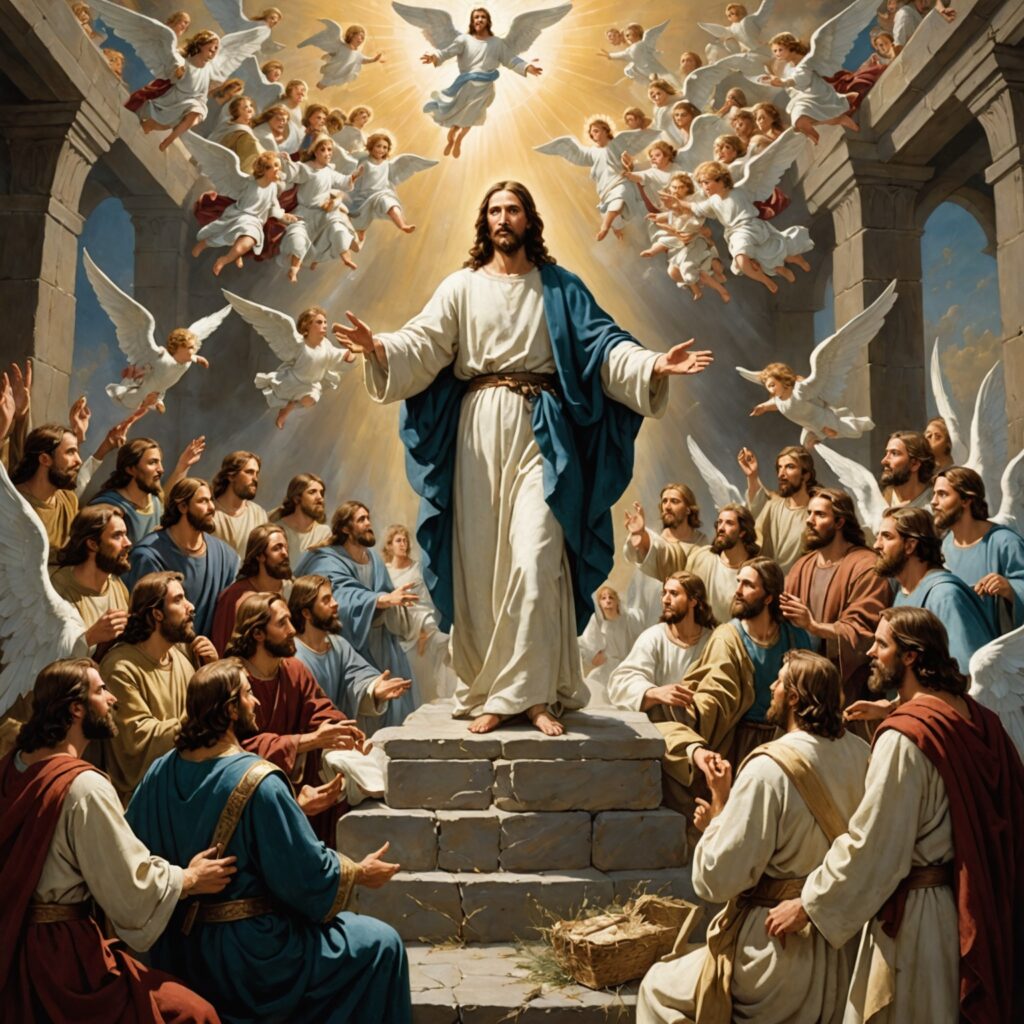 Ilustração de Jesus Cristo em sua glória celestial, cercado por anjos em adoração.