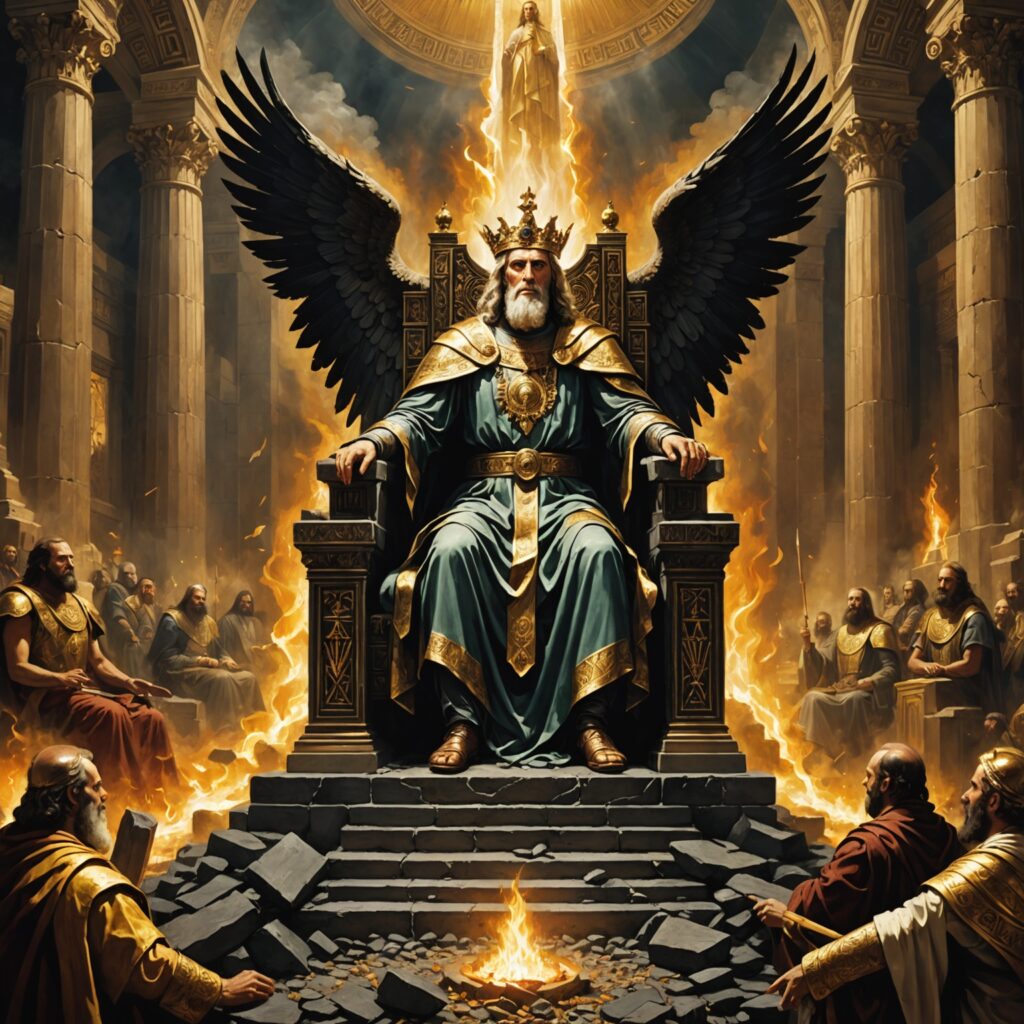 Visão de Isaías no templo: o Senhor assentado no trono, serafins proclamando Sua santidade, Isaías diante da brasa purificadora e do chamado divino, elementos de desolação e remanescente preservado.