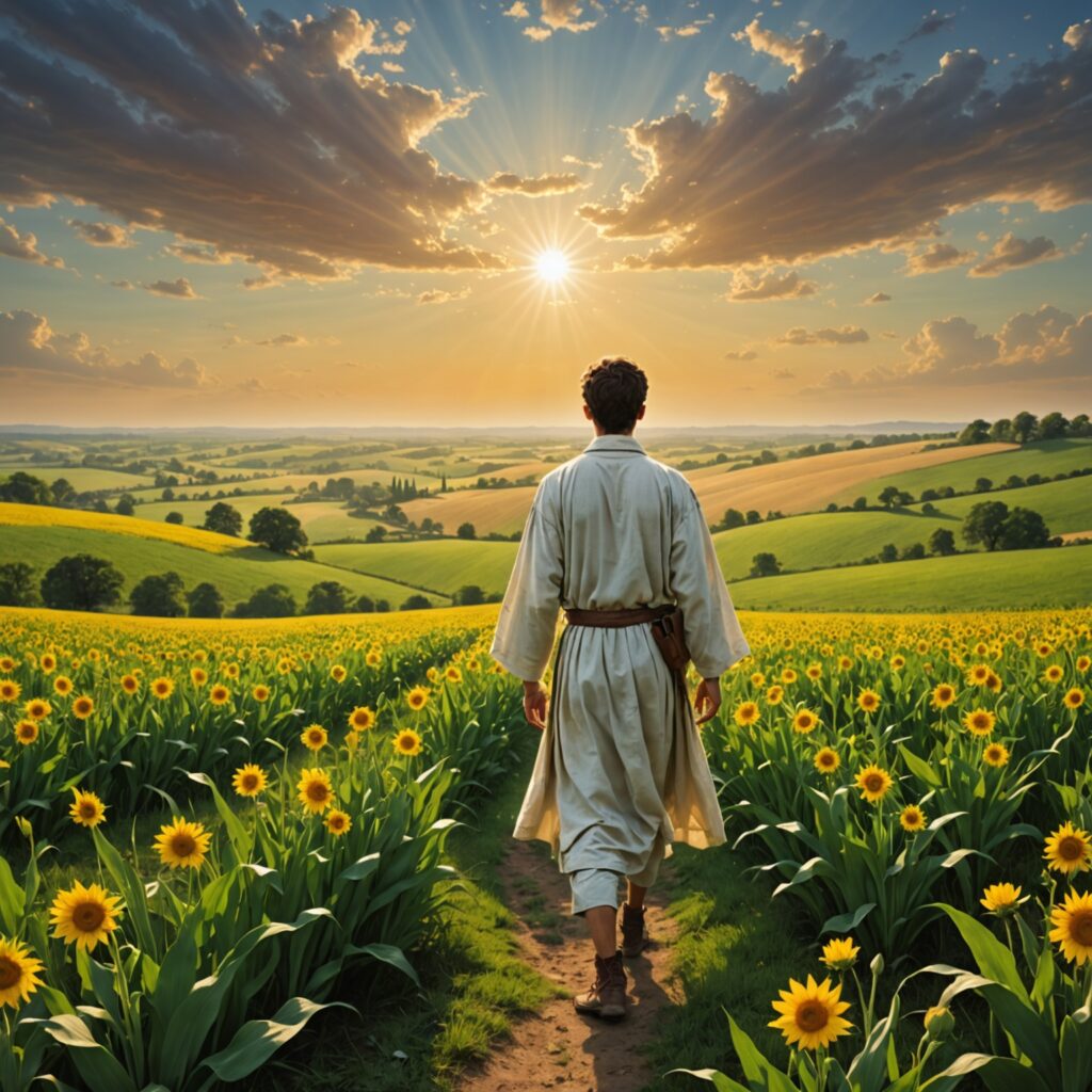 Imagem de um nascer do sol radiante sobre um campo verdejante, simbolizando a luz que dissipa as trevas e a esperança que surge nos momentos de adversidade.