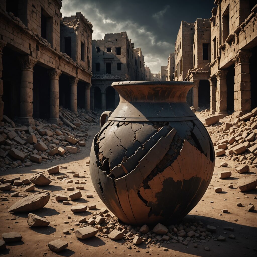 Vaso de barro quebrado simbolizando a ruína iminente de Judá e Jerusalém