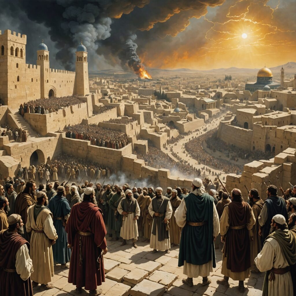 Profeta Jeremias transmitindo a mensagem divina a Zedequias e seu povo, com Nabucodonosor ao fundo