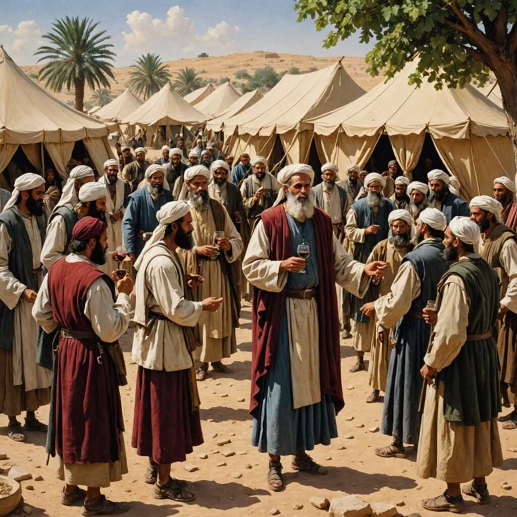 Imagem representativa dos recabitas obedecendo à ordem de Jonadabe sobre não beber vinho e viver em tendas.