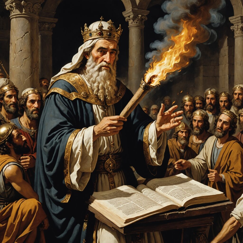 Imagem representando Jeremias, Baruque e o rolo queimado por Jeoaquim como punição divina