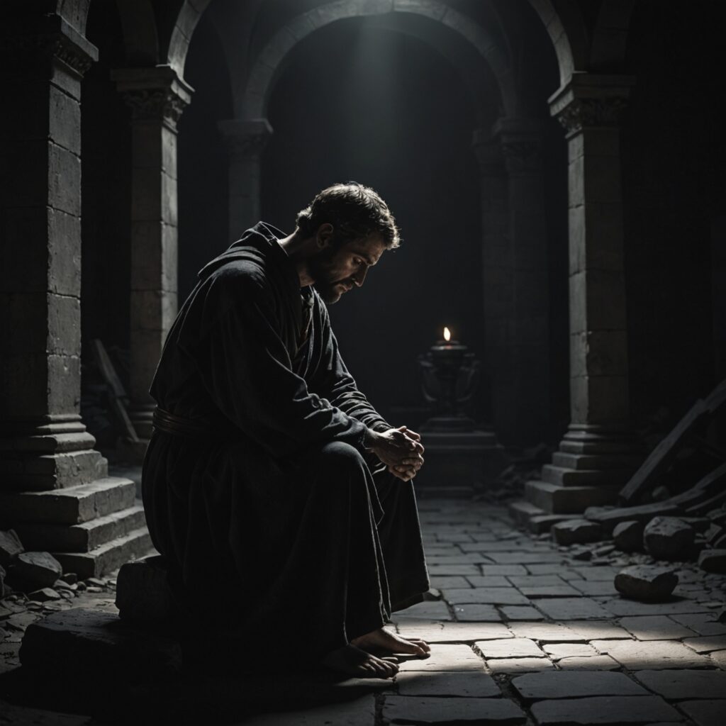 Homem em contemplação diante da dualidade entre luz e trevas