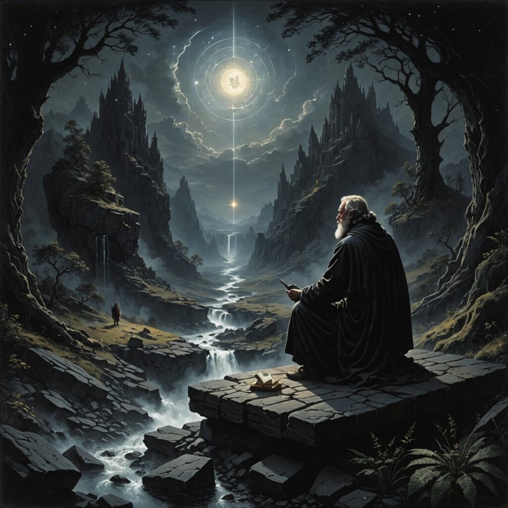 Ilustração da busca pela sabedoria em locais remotos e escuros