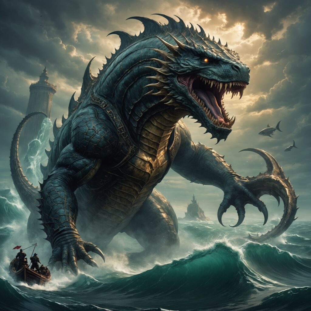 Imagem do Leviatã: criatura mítica de imensa força e poder, representada de forma assustadora e imponente.