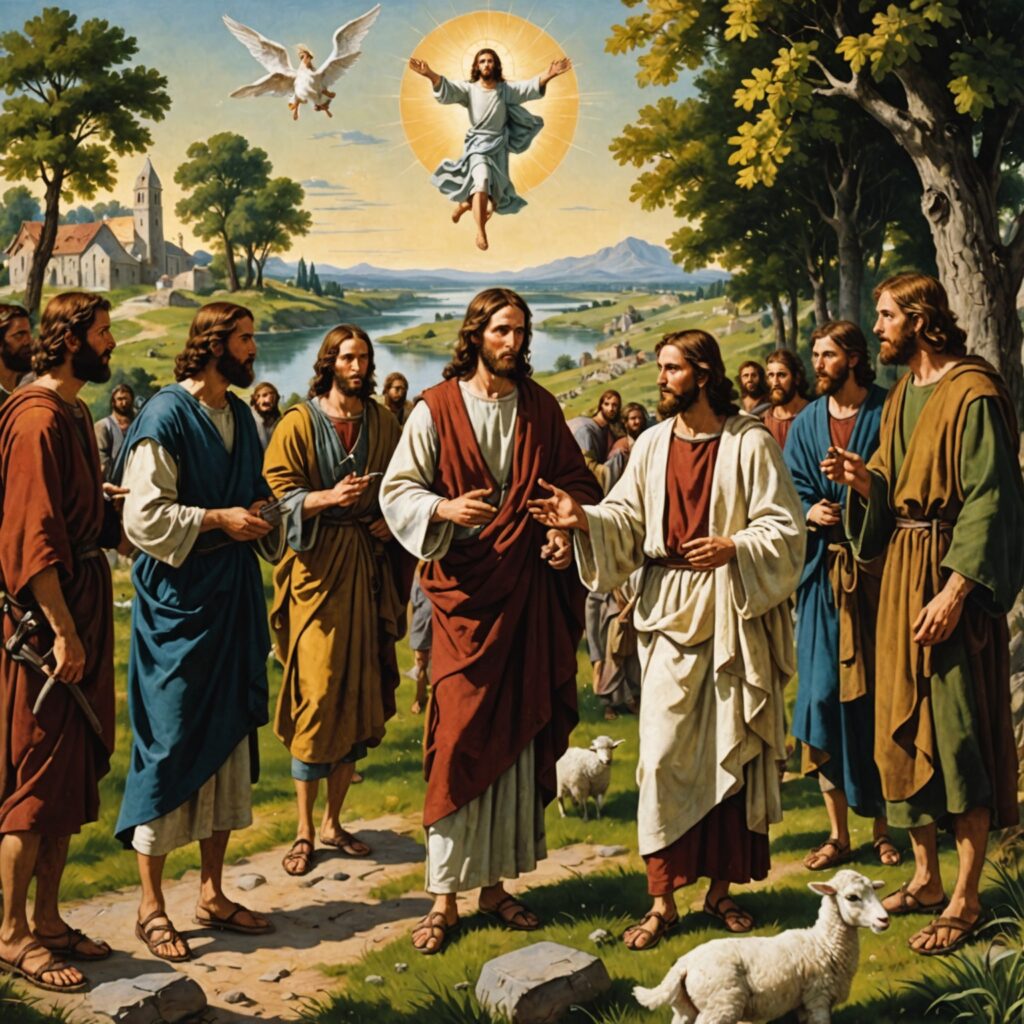 Imagem representando a interação entre João Batista, Jesus Cristo e os primeiros discípulos