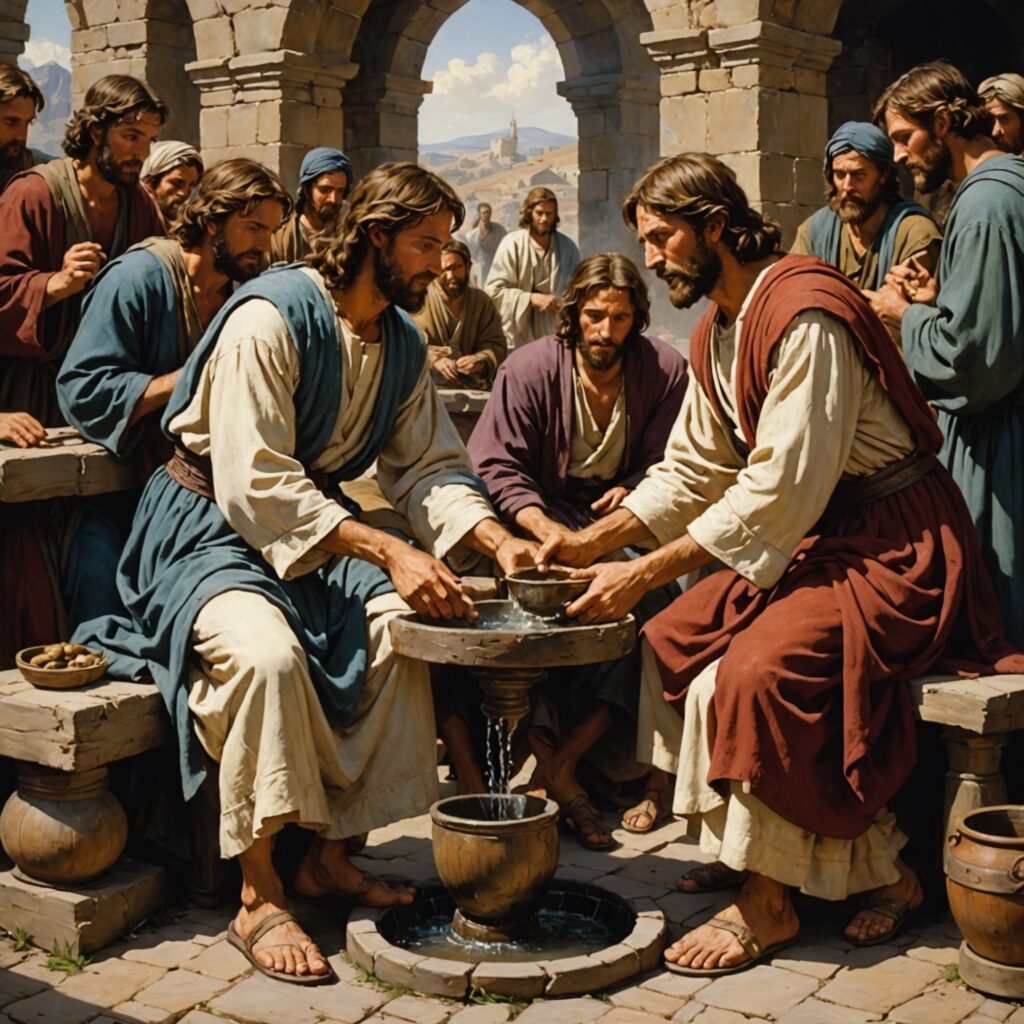 Imagem representando Jesus lavando os pés dos discípulos e ensinando sobre humildade e amor ao próximo