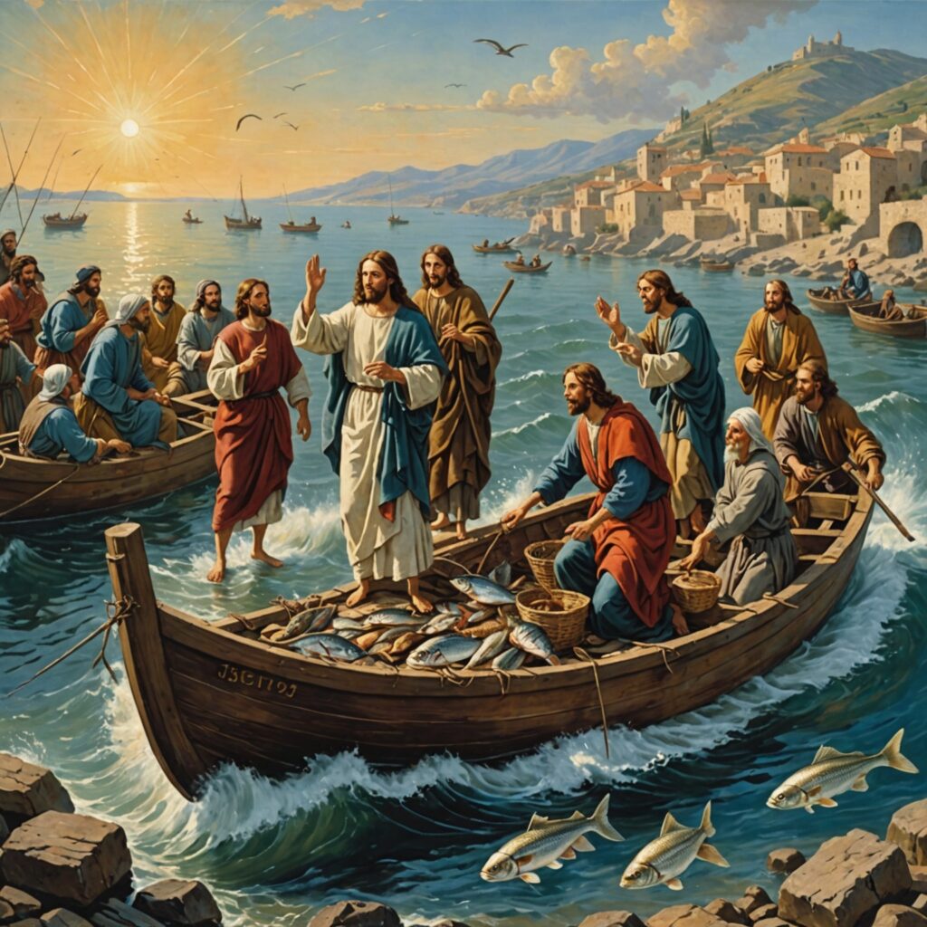 Imagem da pesca milagrosa com Jesus e os discípulos à beira do mar de Tiberíades