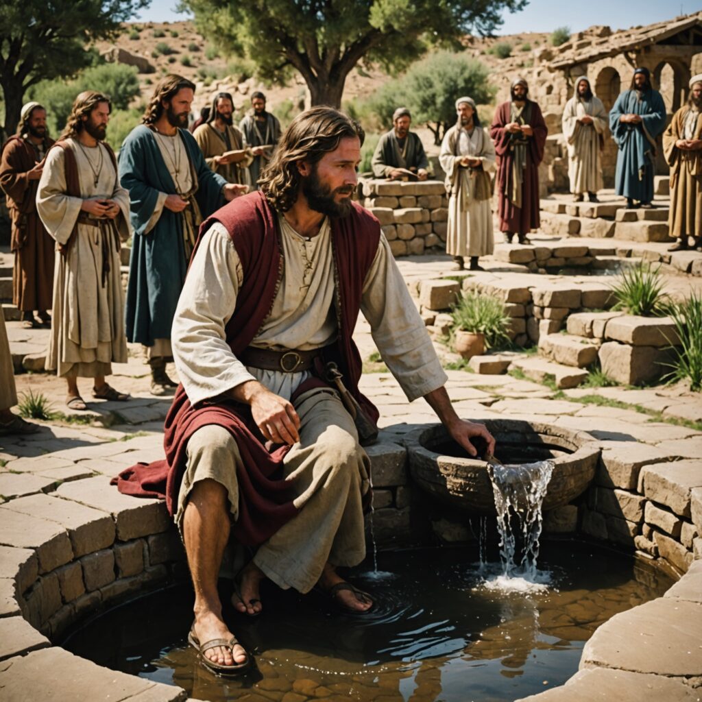 Imagem representativa dos encontros de Jesus com a mulher samaritana e o oficial, ilustrando compaixão, poder divino e fé.