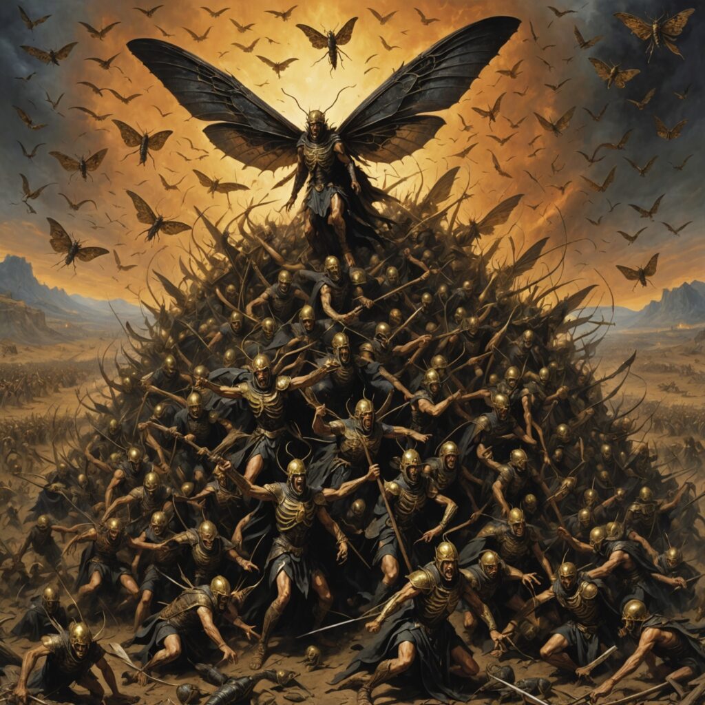 Exército de gafanhotos trazendo trevas e destruição, contrapondo-se à esperança de restauração e bênçãos divinas.