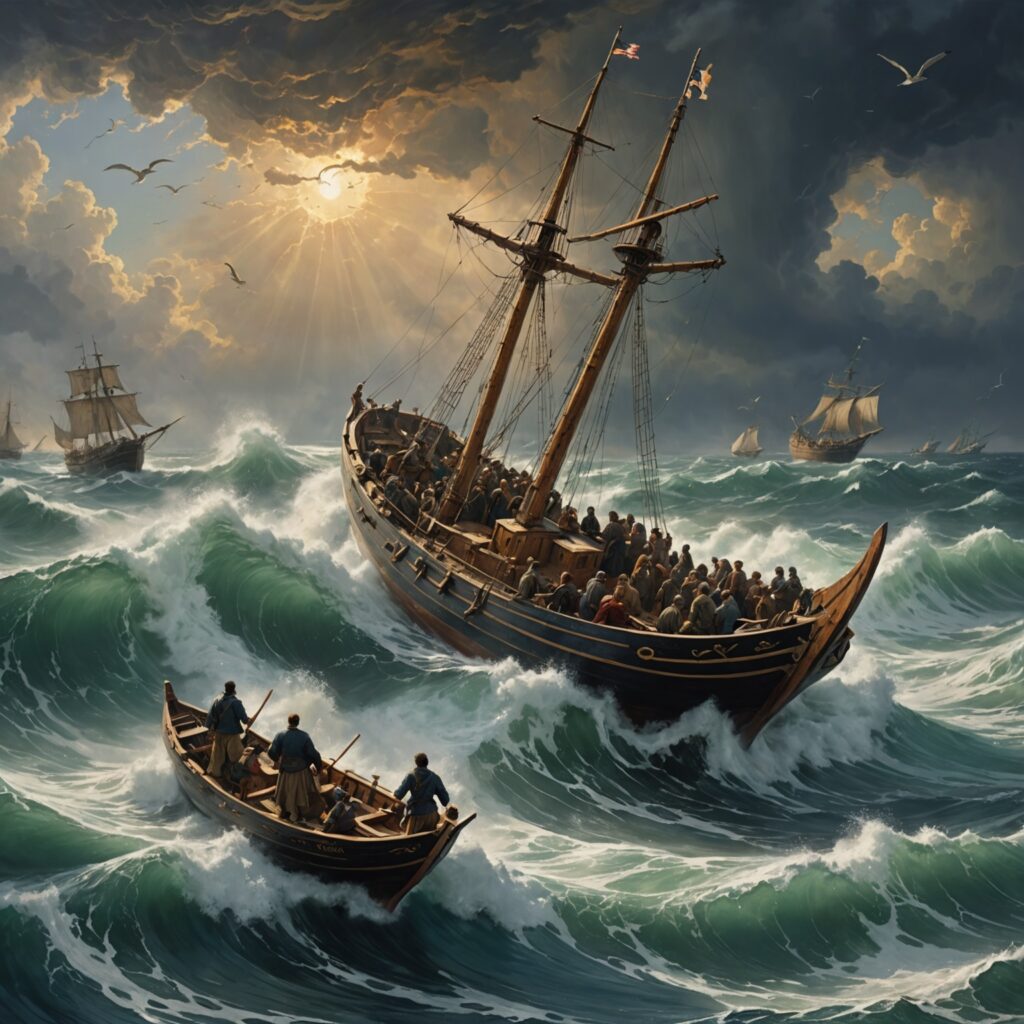 Jonas sendo lançado ao mar em meio à tempestade