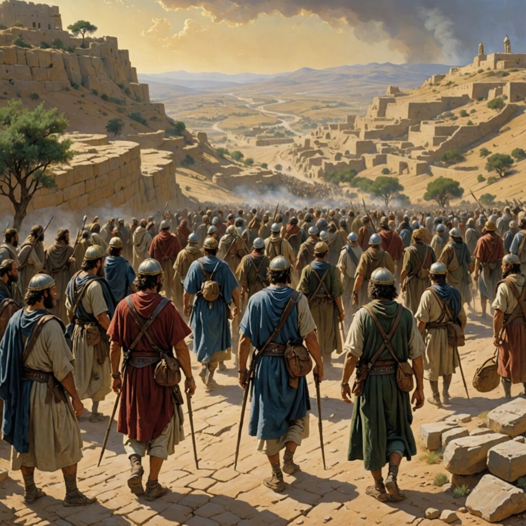 Josué liderando a distribuição da terra prometida entre as tribos de Israel, cena de mapeamento e sorteio em Siló.