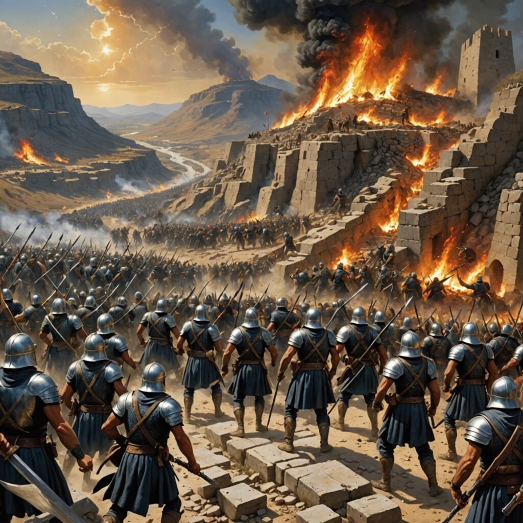 Josué liderando o exército de Israel em batalha e construindo o altar no monte Ebal