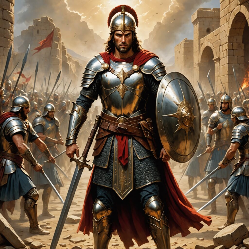 Imagem representativa de Jefté e sua filha em um cenário de guerra e promessa divina.