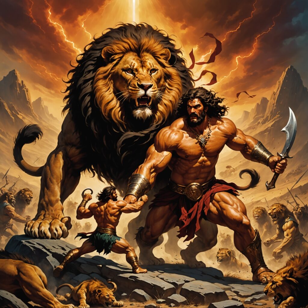 Imagem de Sansão derrotando um leão com suas mãos nuas