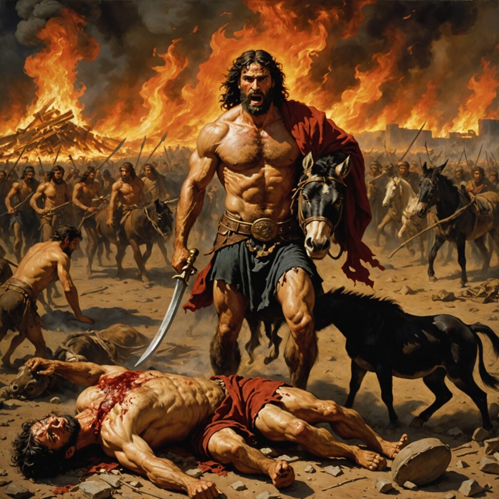 Sansão vingador queimando plantações filisteias