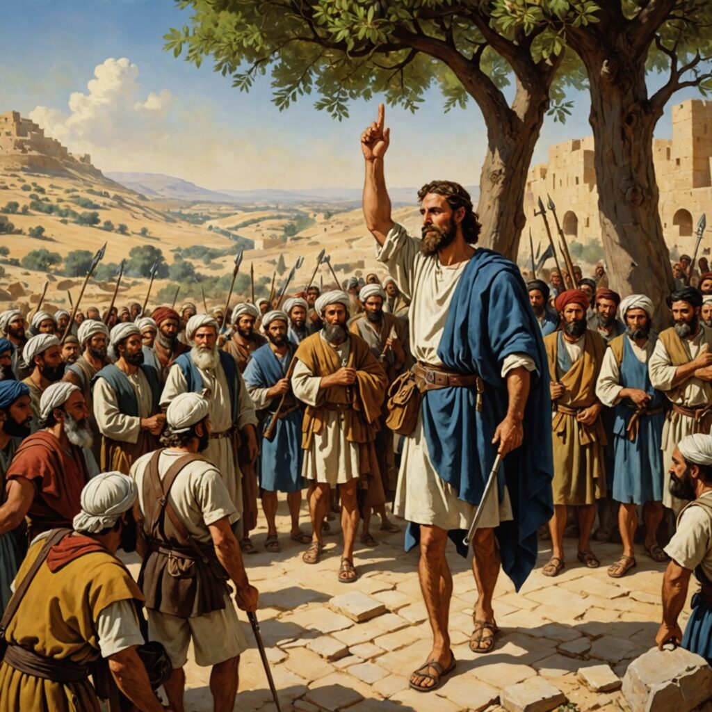 Gideão diante do altar construído em honra ao Senhor, simbolizando sua coragem e dedicação