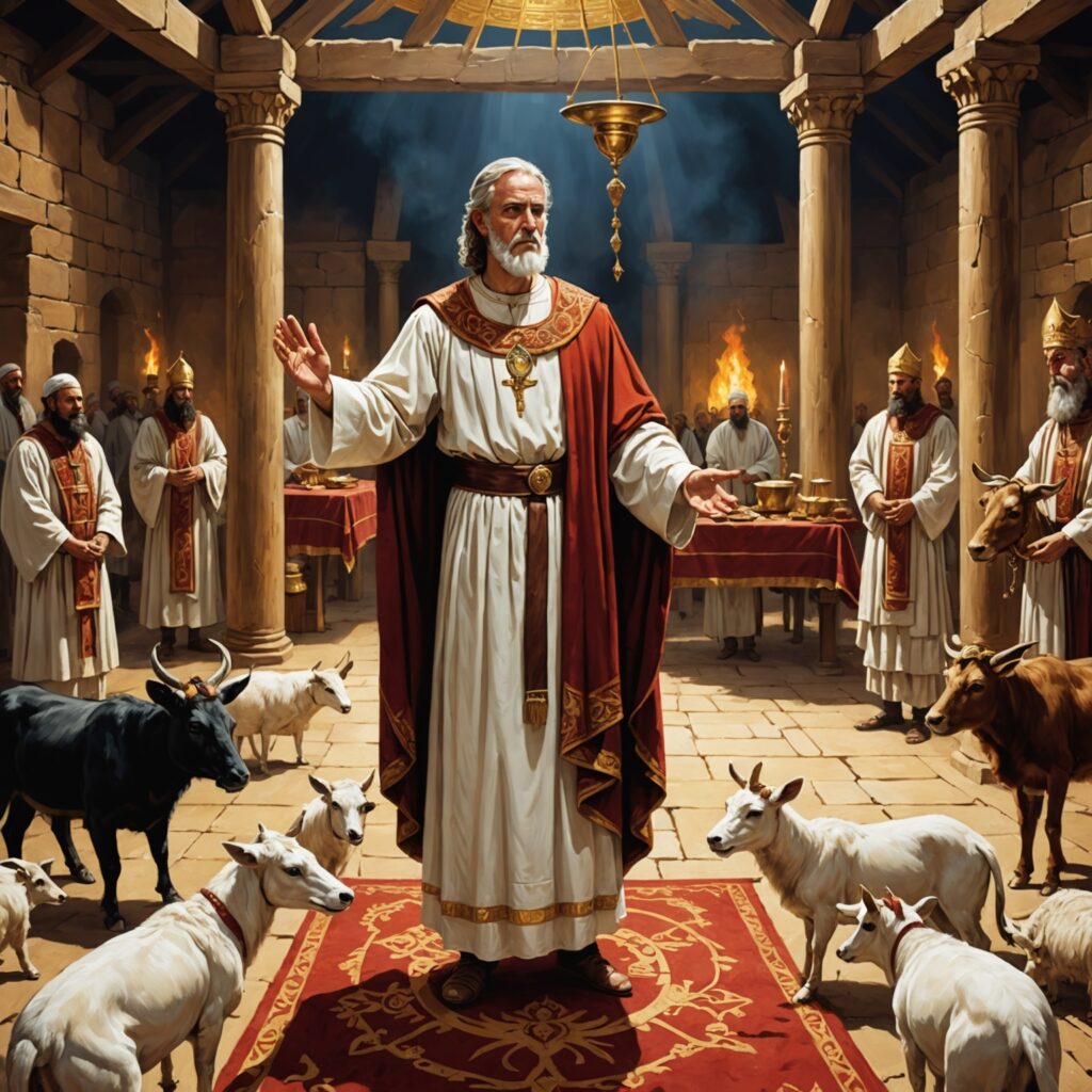 Sumo sacerdote Arão realizando os rituais do Dia de Expiação no Tabernáculo