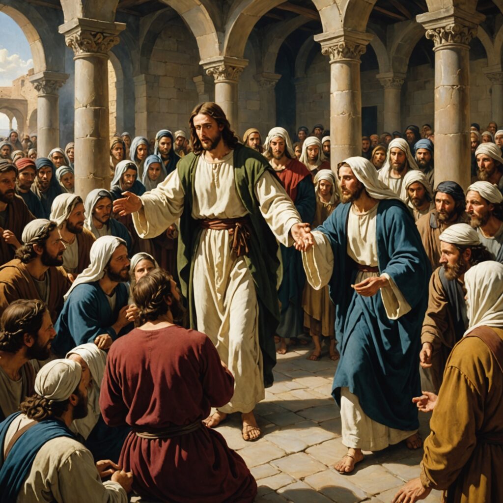 Ilustração de Jesus curando a mulher encurvada na sinagoga