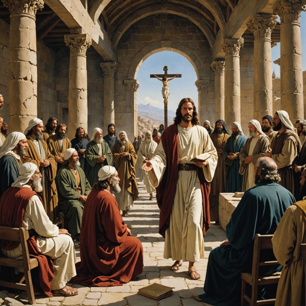 Imagem representando a autoridade de Jesus e seus ensinamentos confrontando líderes religiosos.