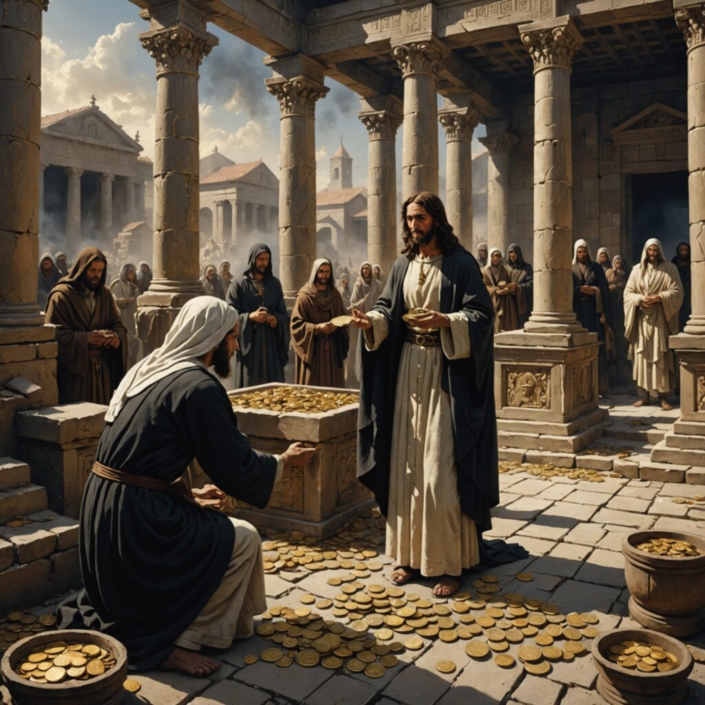 Viúva pobre doando suas moedas no templo, Jesus prevendo os sinais do fim dos tempos