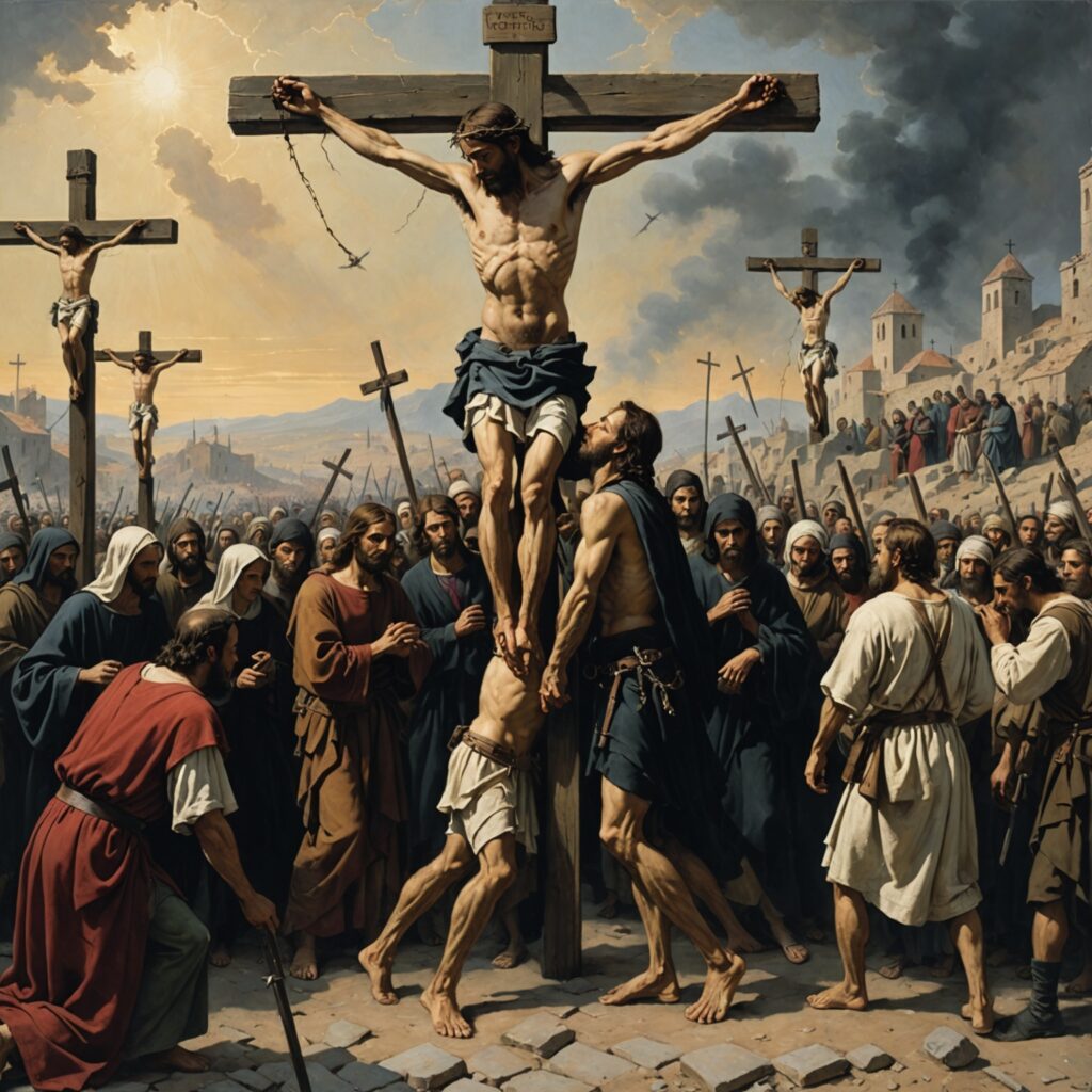 Imagem da crucificação e morte de Jesus Cristo com os criminosos ao seu lado