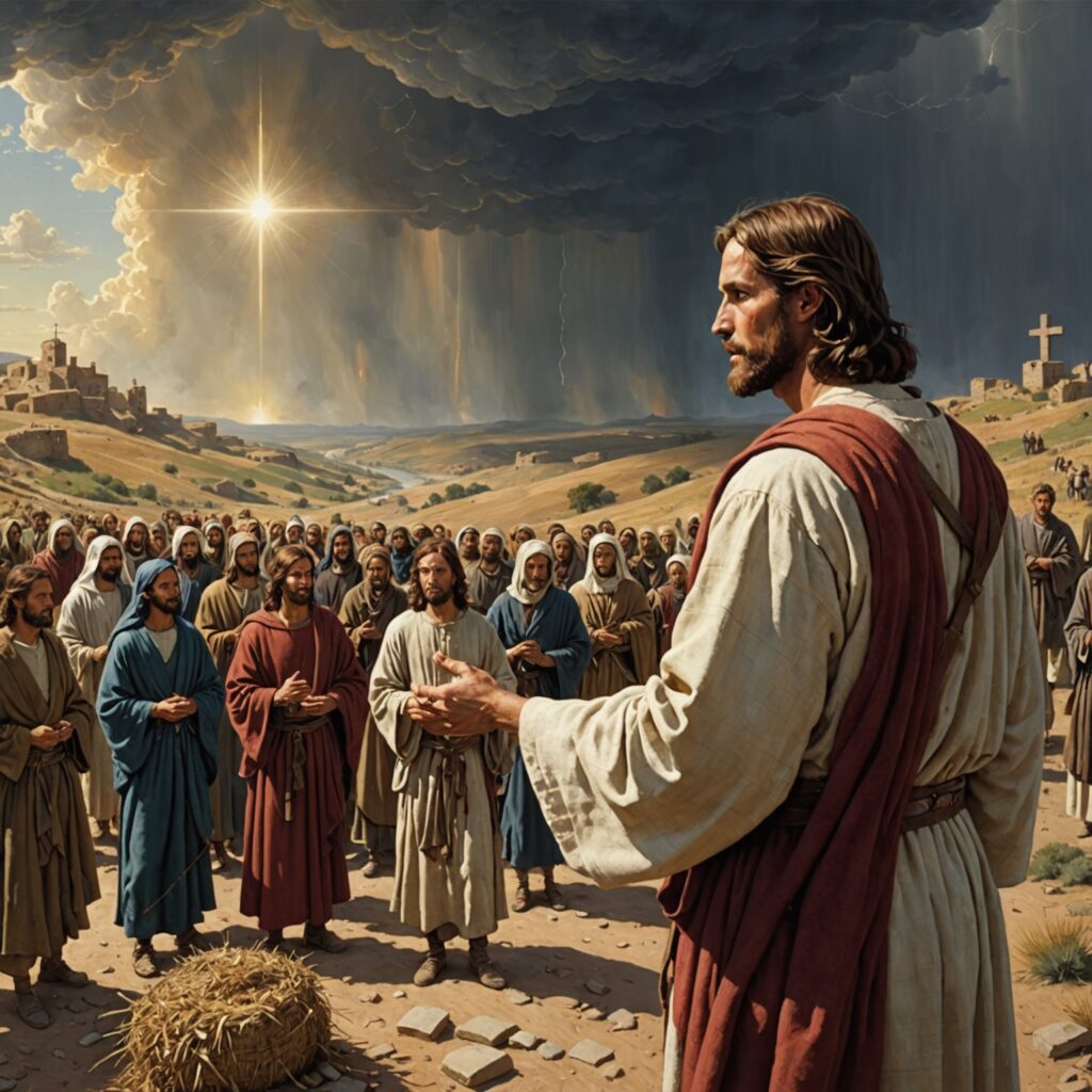 Ilustração do capítulo do Evangelho de Lucas com a Parábola do Semeador, a tempestade acalmada por Jesus e outros milagres