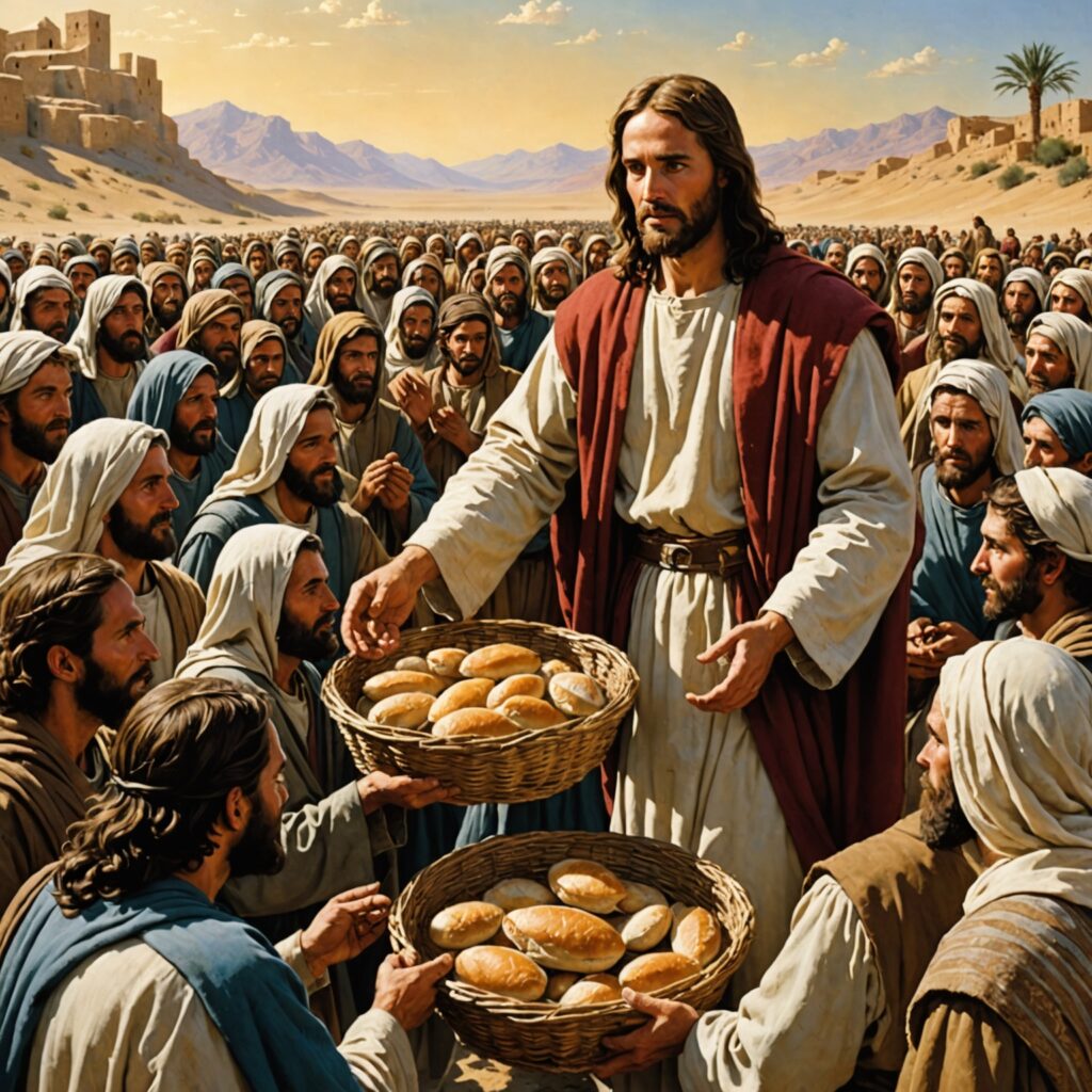 Jesus multiplicando pães e peixes para alimentar a multidão no deserto