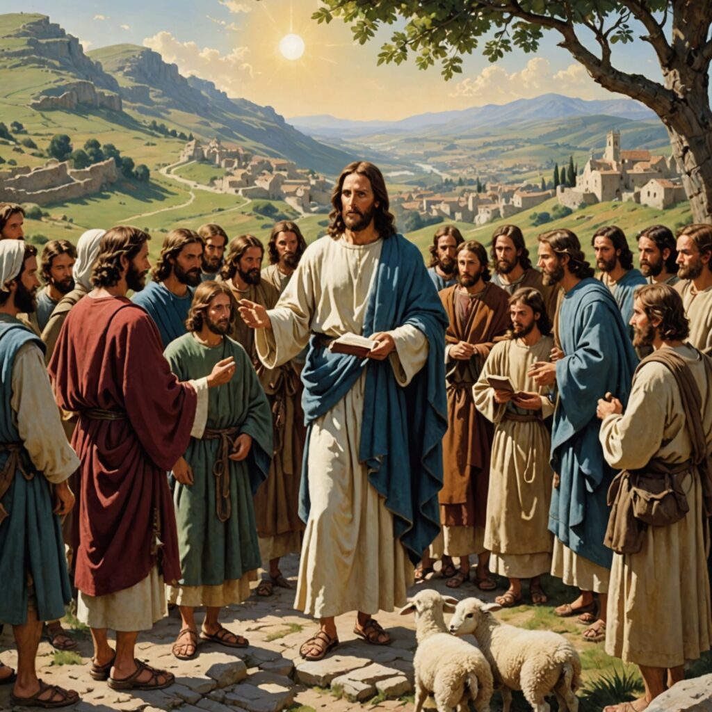 Imagem dos doze discípulos sendo enviados por Jesus com instruções divinas